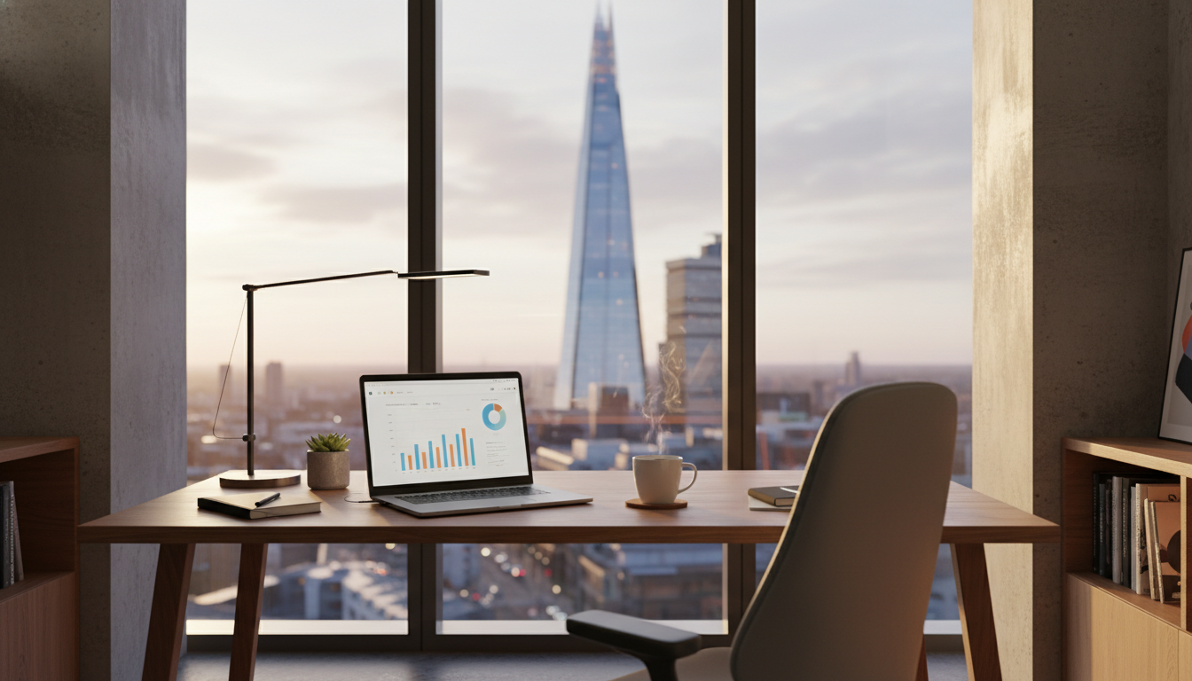 A professional and modern workspace in a London office with a view of the Shard through the window, featuring a laptop open on a wooden desk and a cup of coffee, photorealistic style, cinematic lighting.