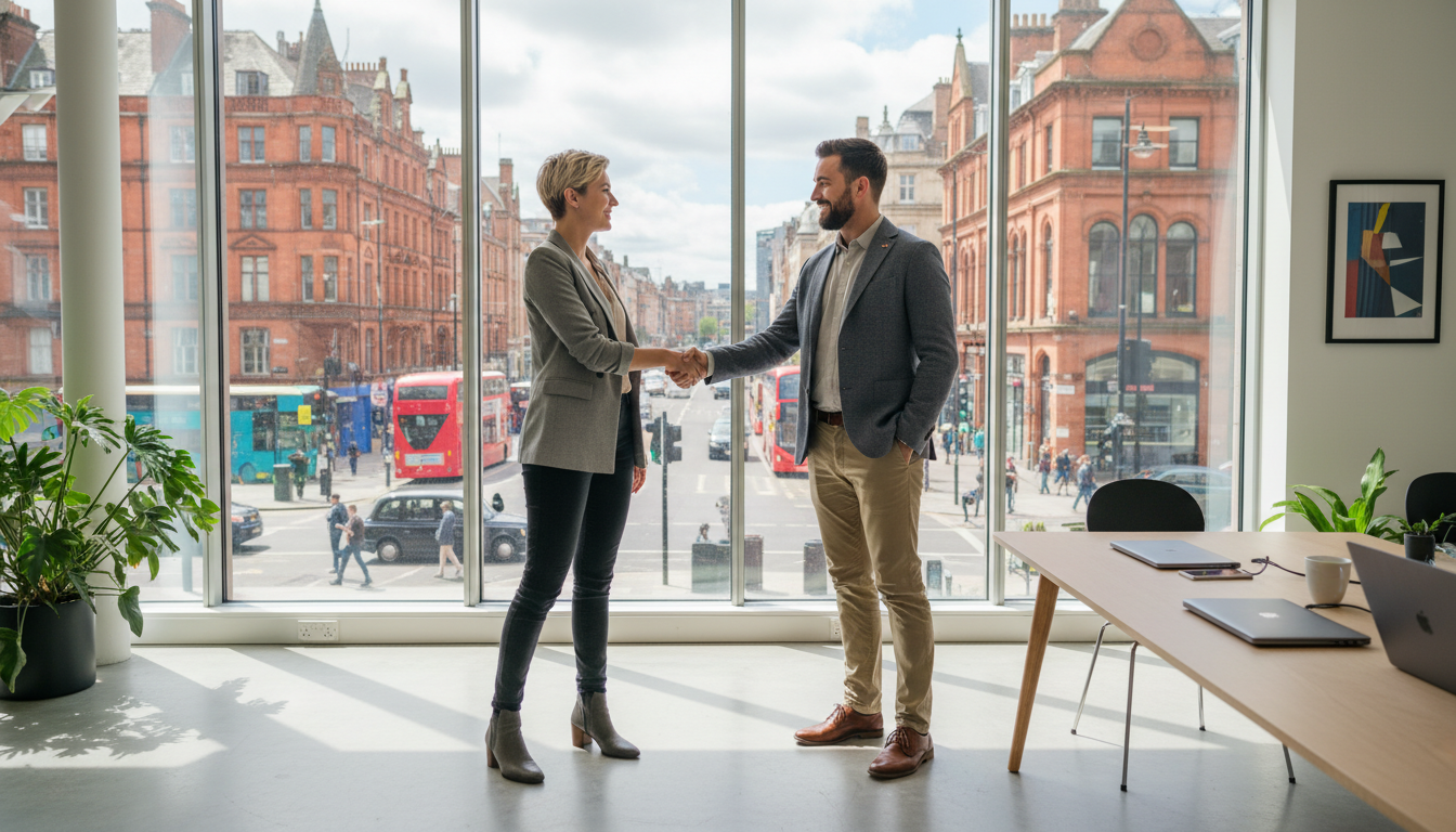 A professional yet casual photo of an expat entrepreneur shaking hands with a local consultant in a bright, modern office in Manchester, with large windows showing a busy British street, high detail, photorealistic, 8k resolution