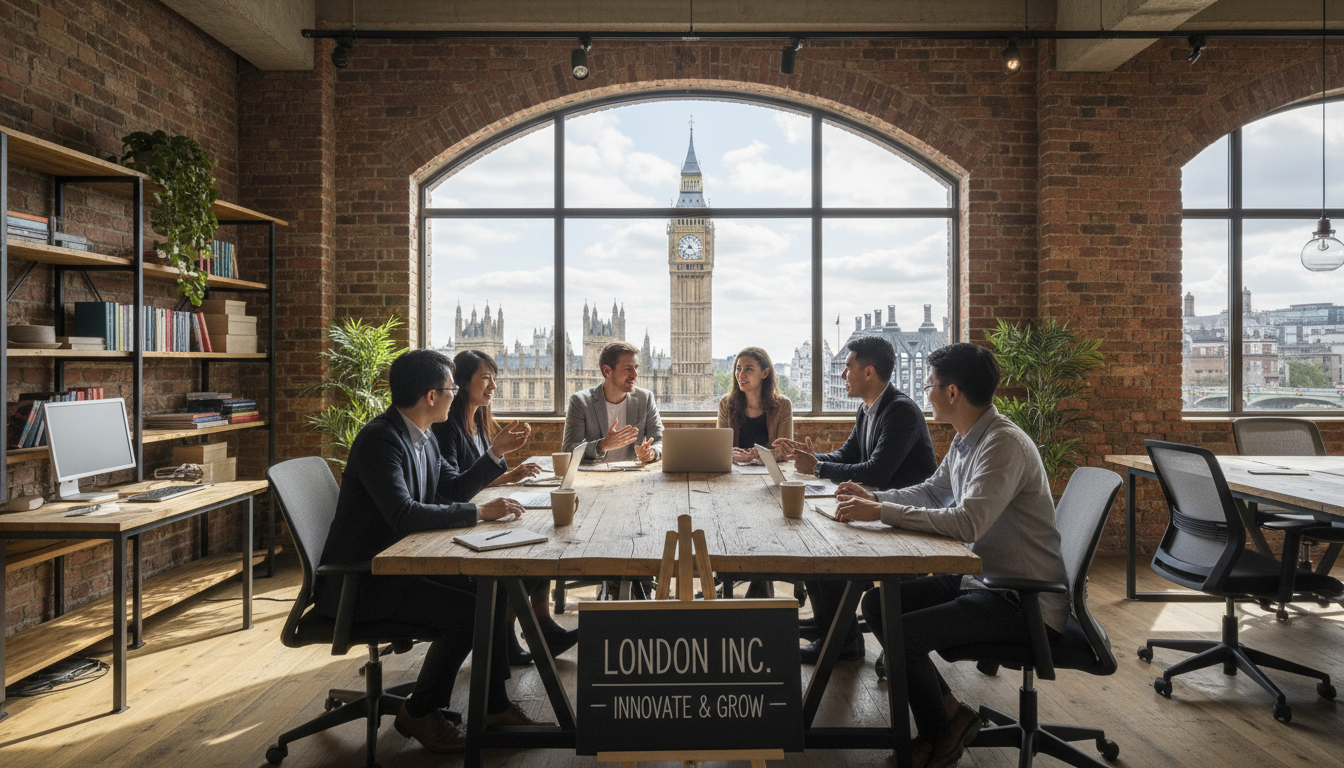 A diverse group of young entrepreneurs collaborating in a modern, sunlit London co-working space with Big Ben visible through a large window in the background, highly detailed, photorealistic, 8k resolution.