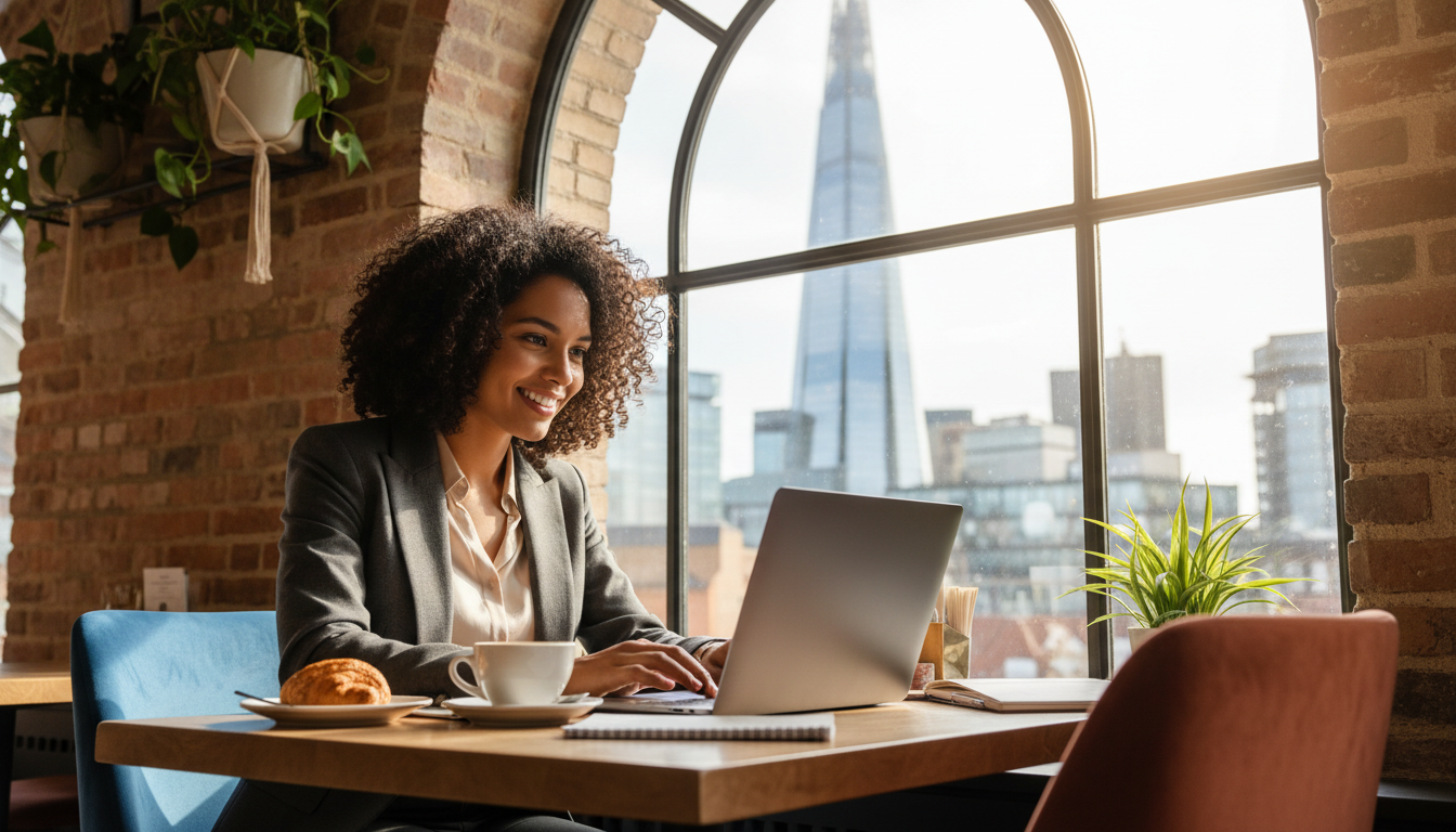 A high-quality, photorealistic image of a diverse expat entrepreneur working on a laptop at a trendy London cafe, with a view of the Shard through the window, bright natural lighting, professional and optimistic atmosphere.