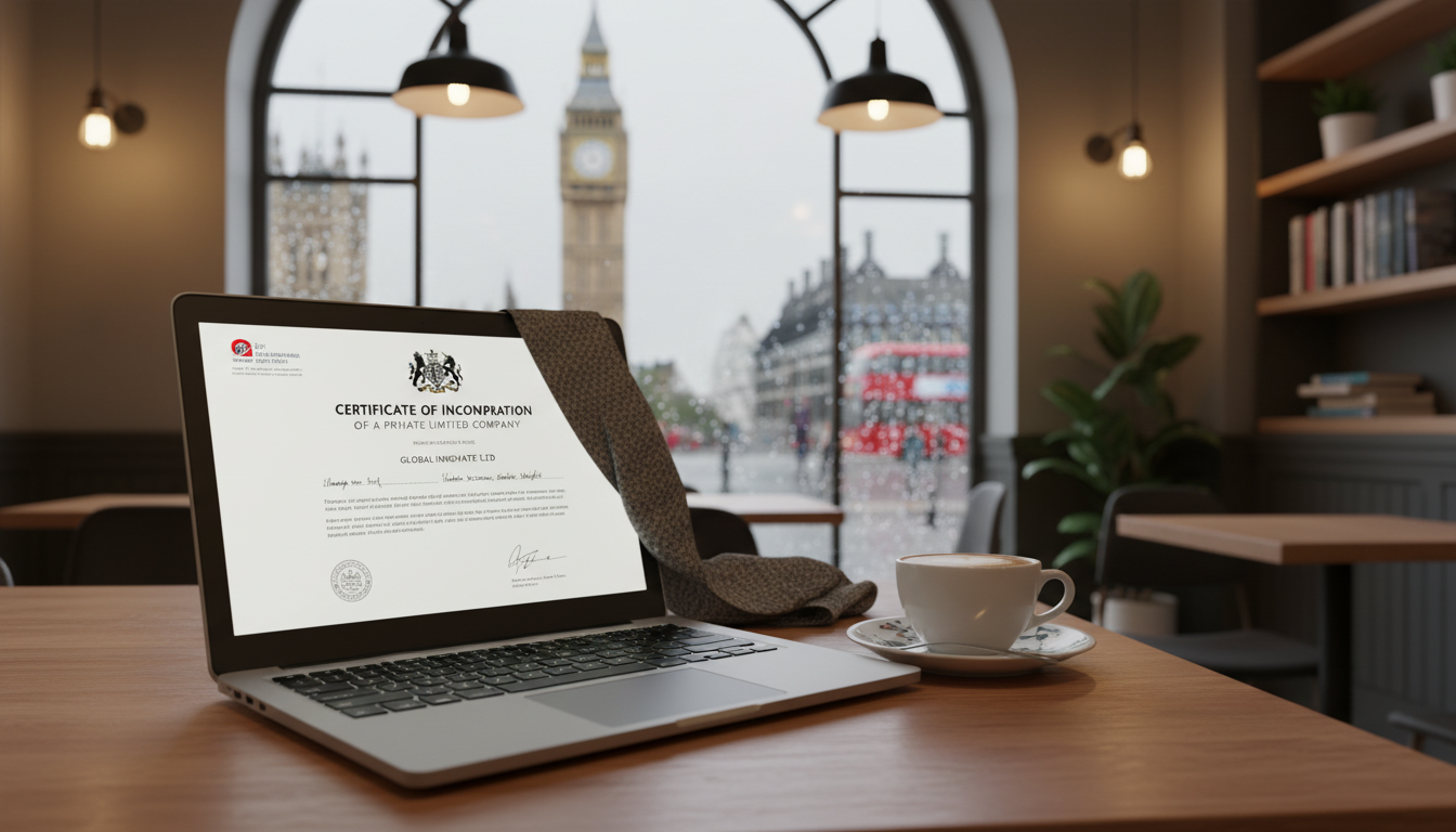 A high-quality photorealistic image of a sleek modern laptop on a wooden table in a cozy London cafe, with a blurry view of the Big Ben through the window, featuring a cup of coffee and a UK business registration certificate on the screen.