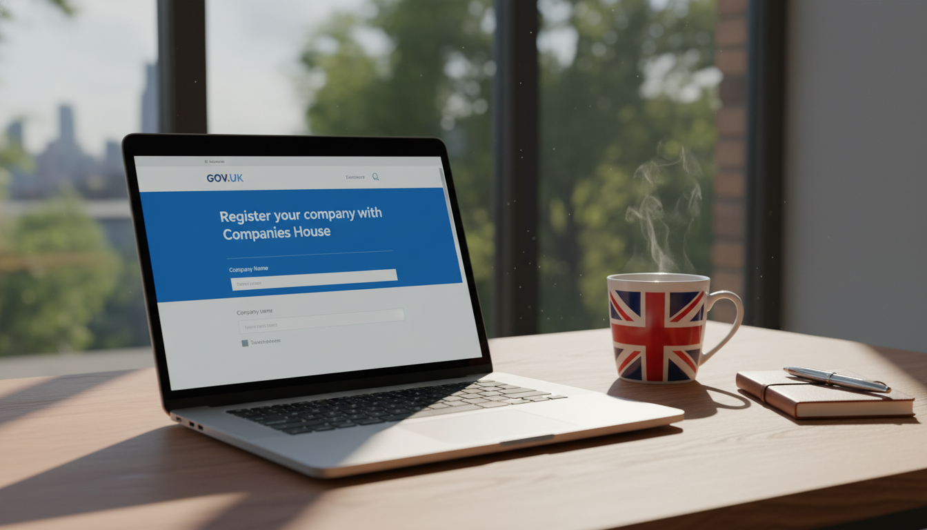 A photorealistic image of a sleek, modern laptop on a wooden desk displaying the official UK government website for company registration, with a British flag mug nearby and soft sunlight filtering through a window.