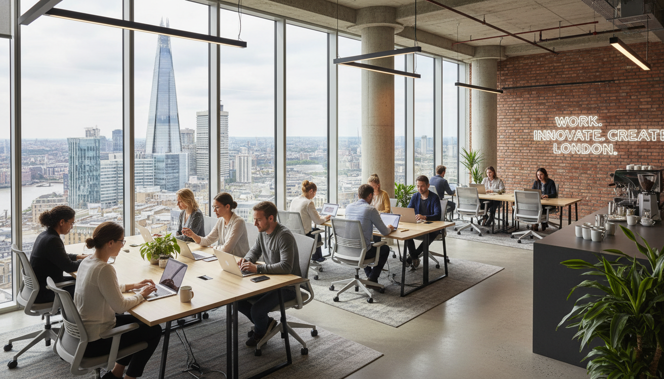 A professional and modern co-working space in central London with large glass windows overlooking the Shard, featuring diverse entrepreneurs working on laptops, bright natural lighting, photorealistic style, 8k resolution.