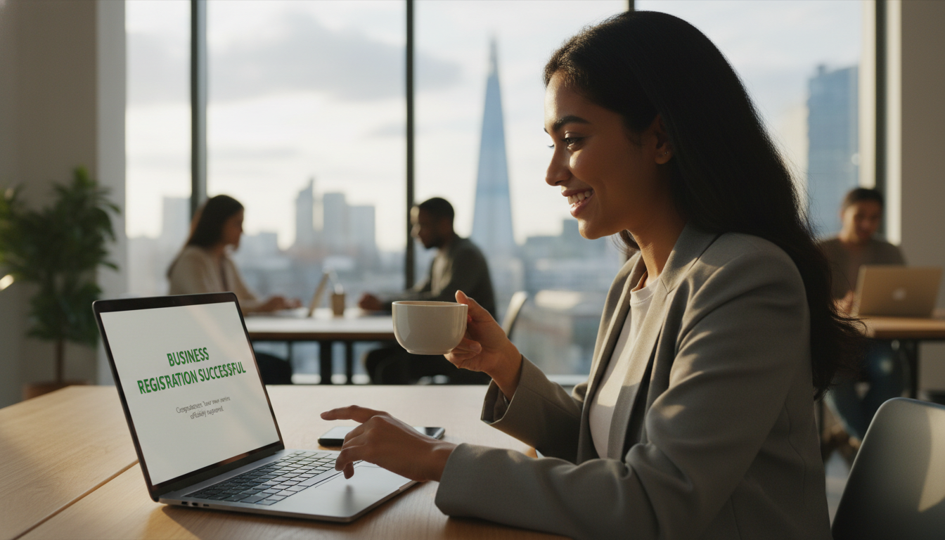 A high-quality, photorealistic shot of a smiling young entrepreneur of diverse background sitting in a modern, sunlit co-working space in London, holding a cup of coffee and looking at a laptop screen showing a 'Business Registration Successful' confirmation page, with a blurred urban city view through the window.