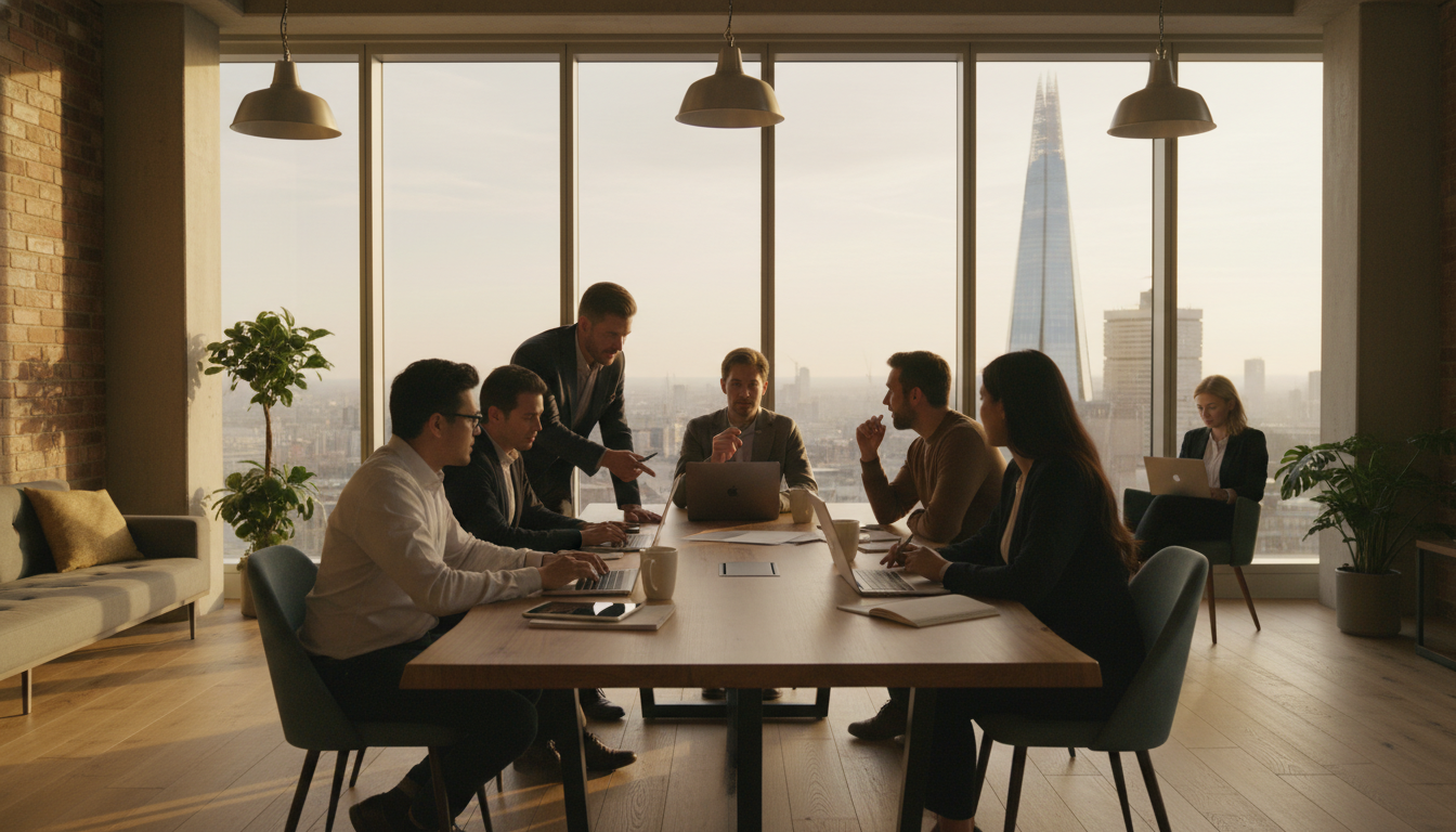 A professional yet cozy modern office space in London with a view of the Shard through the window, featuring a diverse group of entrepreneurs collaborating around a wooden table with laptops and coffee cups, photorealistic style, cinematic lighting.