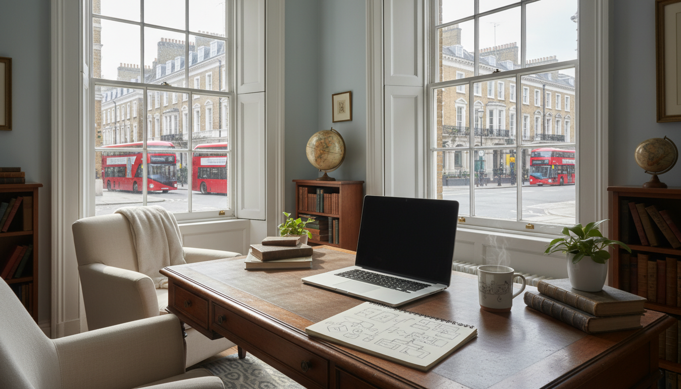 A bright and airy home office in a classic London townhouse. A wooden desk holds a MacBook, a notebook with business sketches, and a steaming mug of tea. Through the window, the iconic red London buses are visible on a cobblestone street. Photorealistic, cinematic lighting, 4k.